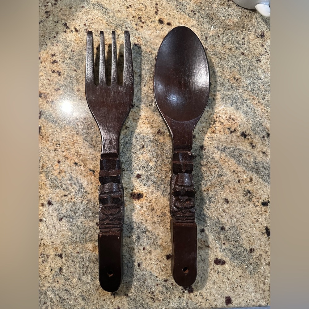 Vintage tiki carved wooden fork spoon set